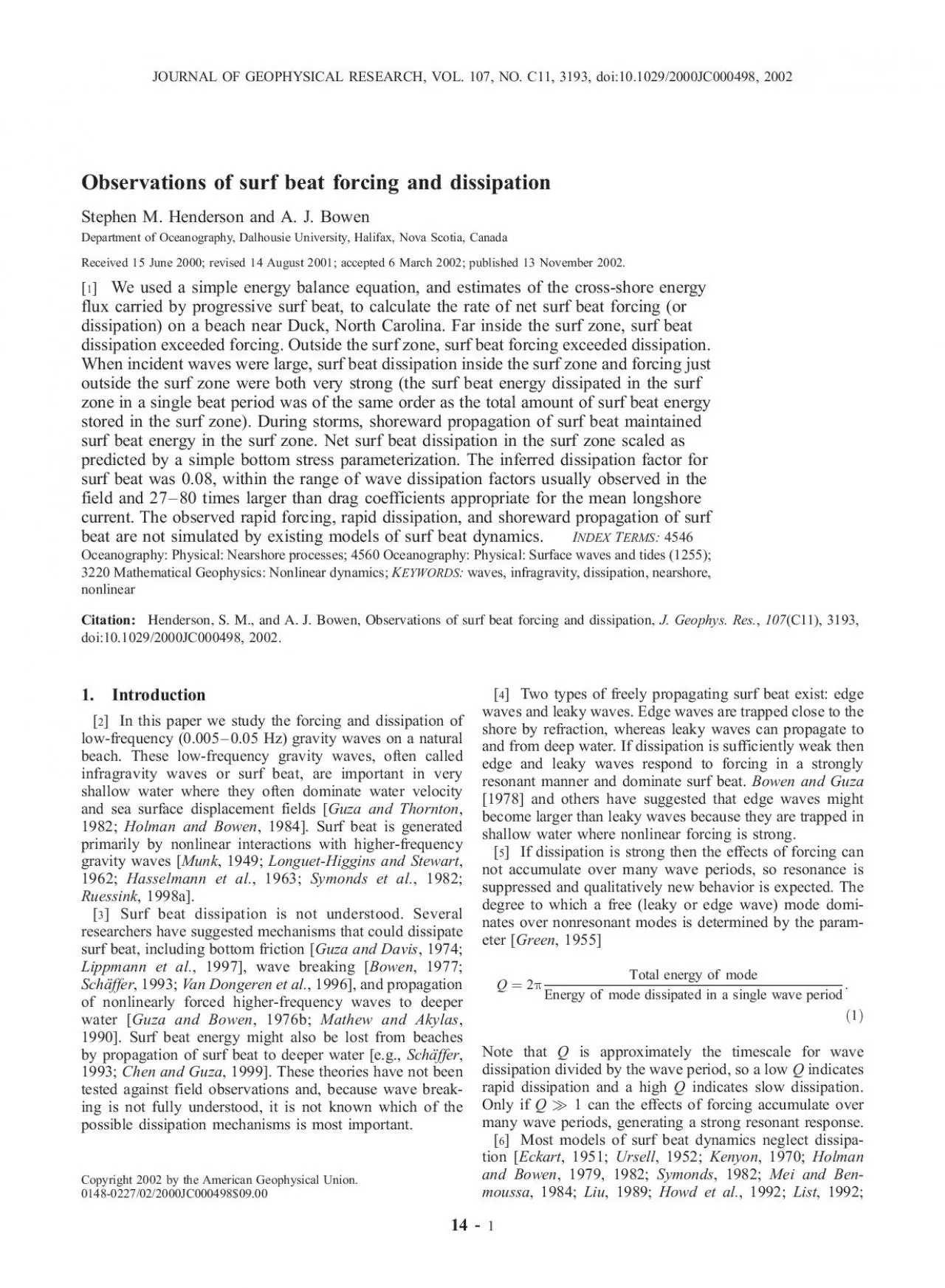 PDF-ObservationsofsurfbeatforcinganddissipationStephenMHendersonandAJBowen