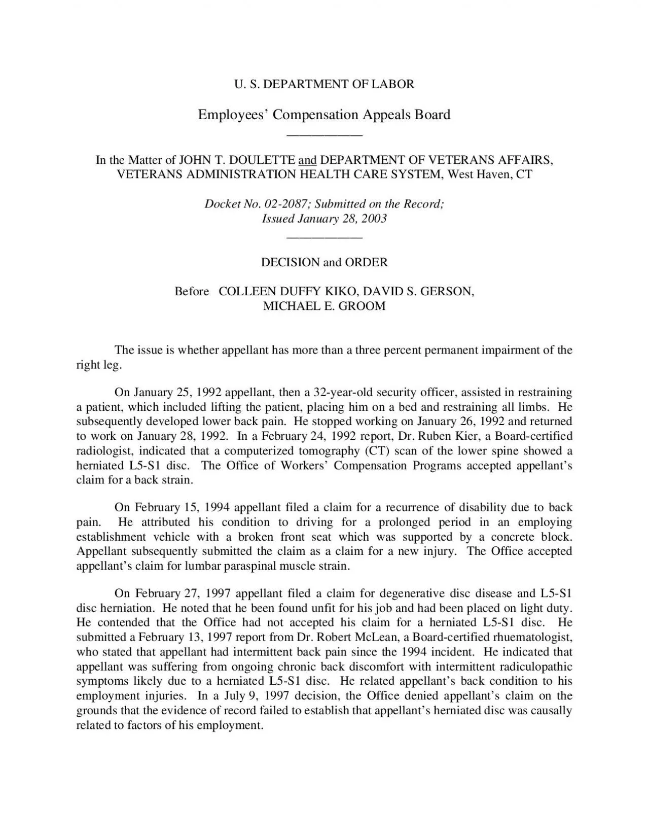 PDF-U S DEPARTMENT OF LABOR Employees Compensation Appeals Board In the Ma