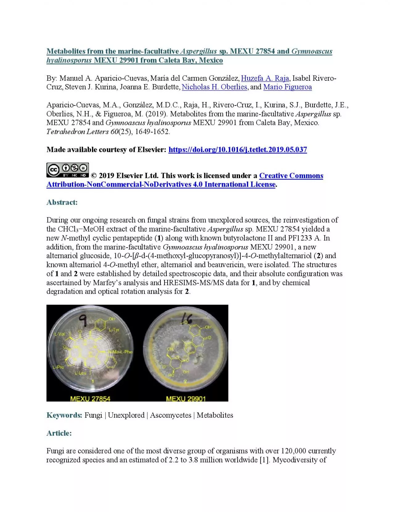 PDF-Metabolites from the marinefacultativeAspergillussp MEXU 27854 andGymn