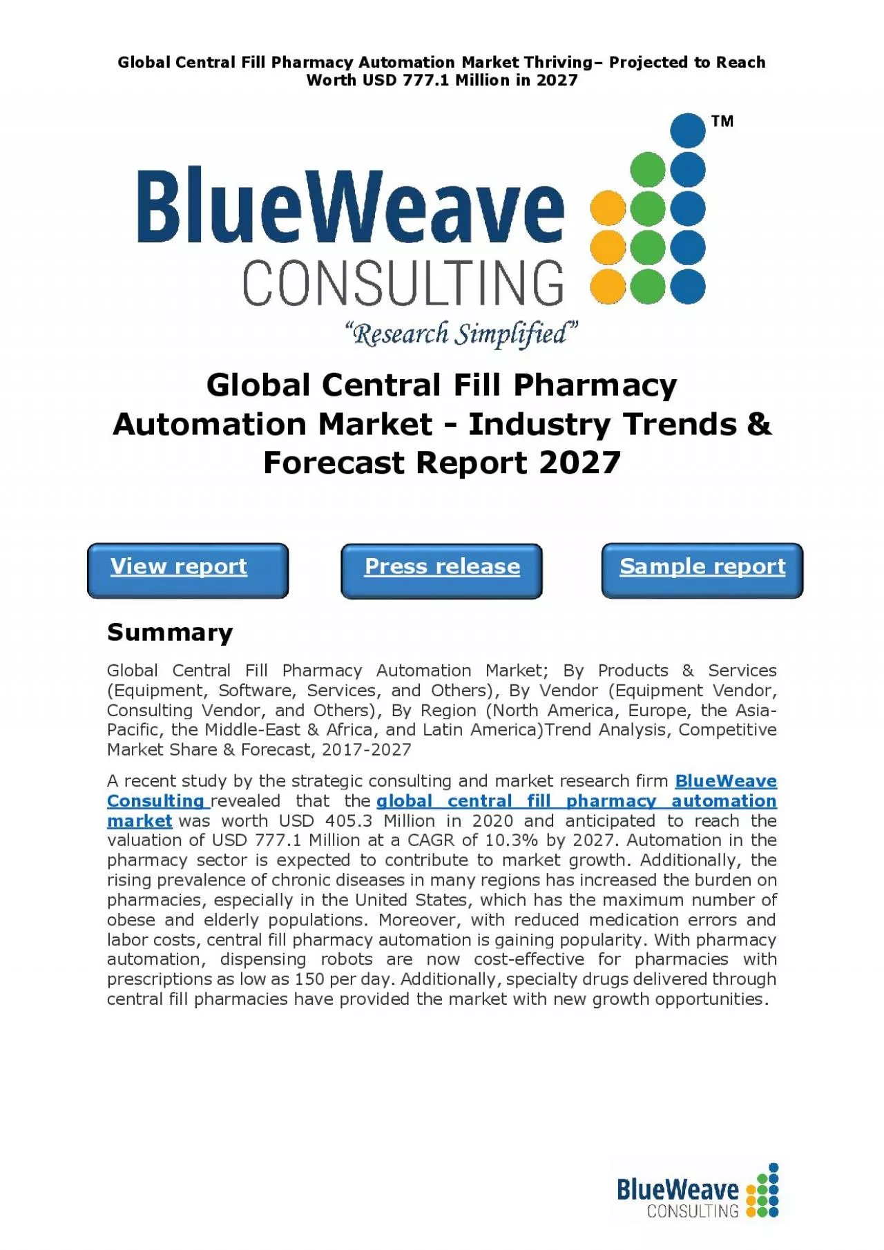 PDF-Global Central Fill Pharmacy Automation Market - Industry Trends & Forecast Report 2027