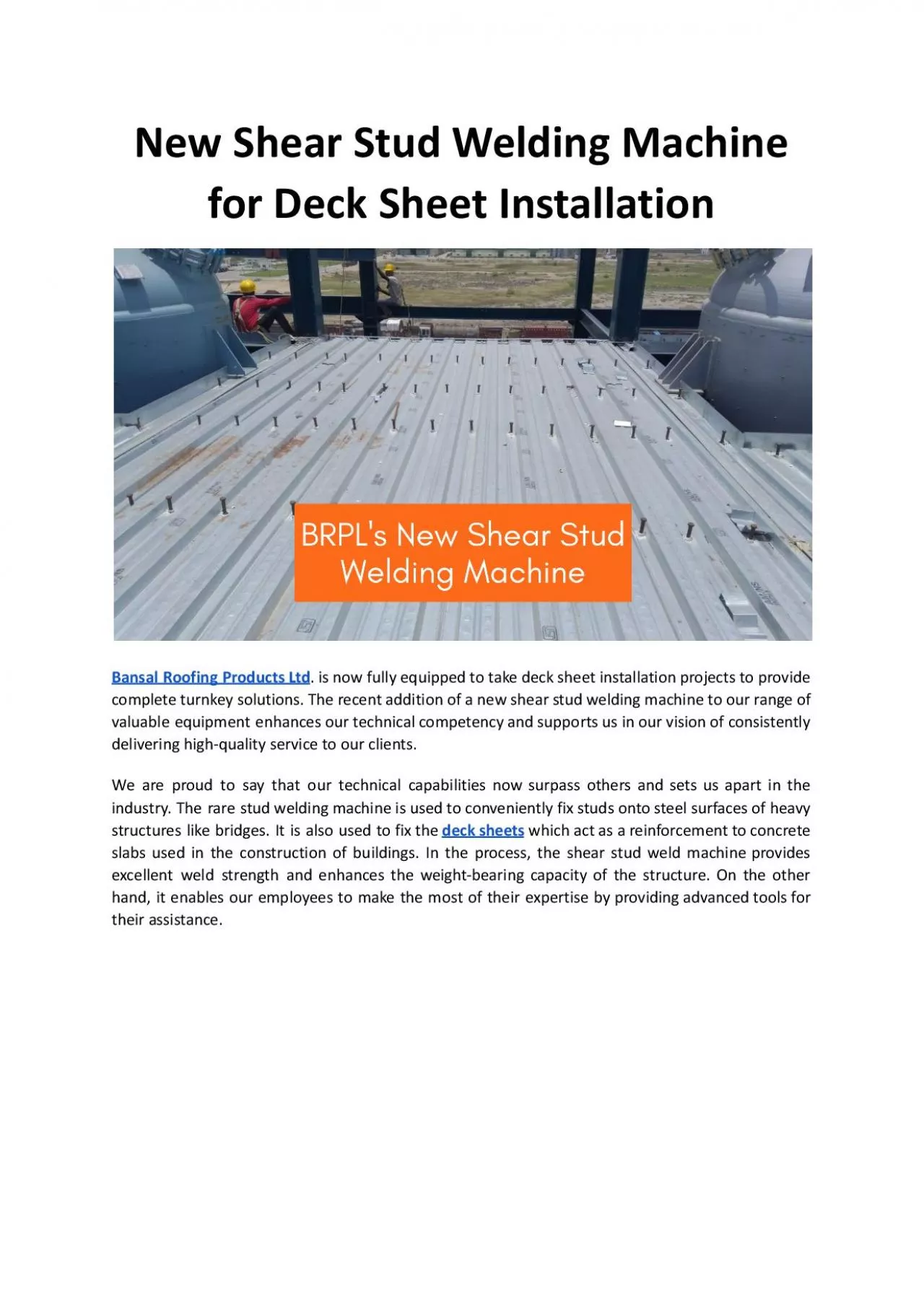 PDF-New Shear Stud Welding Machine for Deck Sheet Installation - Bansal Roofing