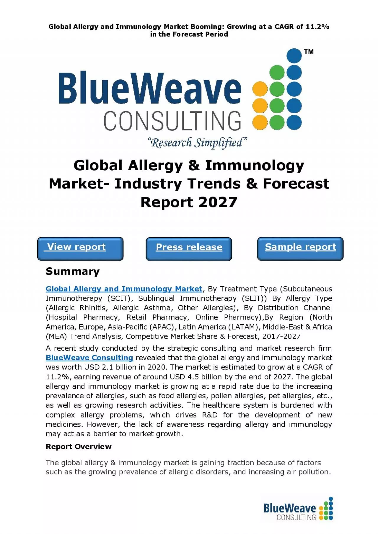 PDF-Global Allergy & Immunology Market- Industry Trends & Forecast Report 2027