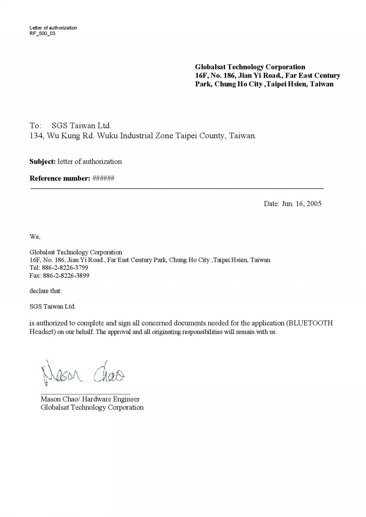 PDF-Letter of authorization RF50003 Park Chung Ho City Taipei Hsien Taiwan