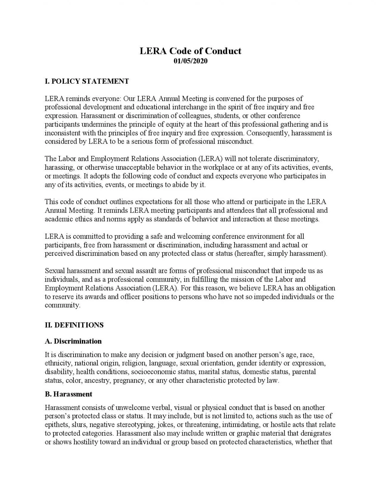 PDF-LERA Code of Conduct0102020I POLICY STATEMENTLERA reminds everyone O