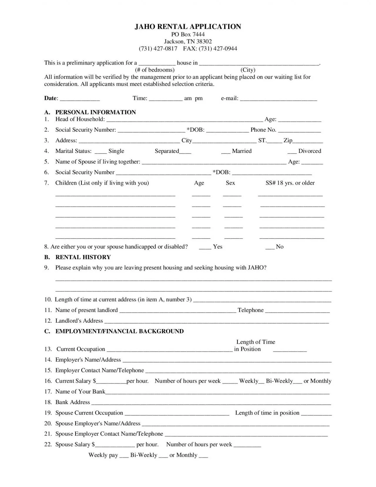 PDF-JAHO RENTAL APPLICATION PO Box 7444 Jackson TN 38302 731 4270817 FAX