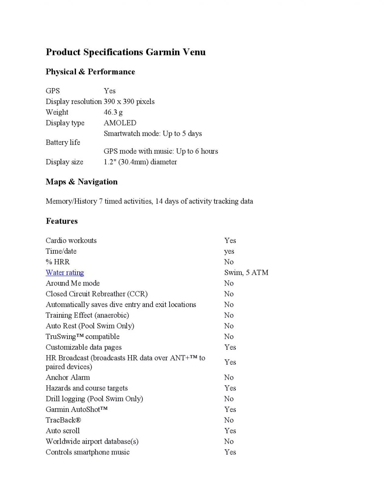 PDF-Product Specifications Garmin VenuPhysical Performance