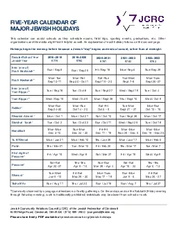 FVER CALENDAR OF MJOR JEISH HOLIDAYS  Jwish Cmmunity Relations Cuncil