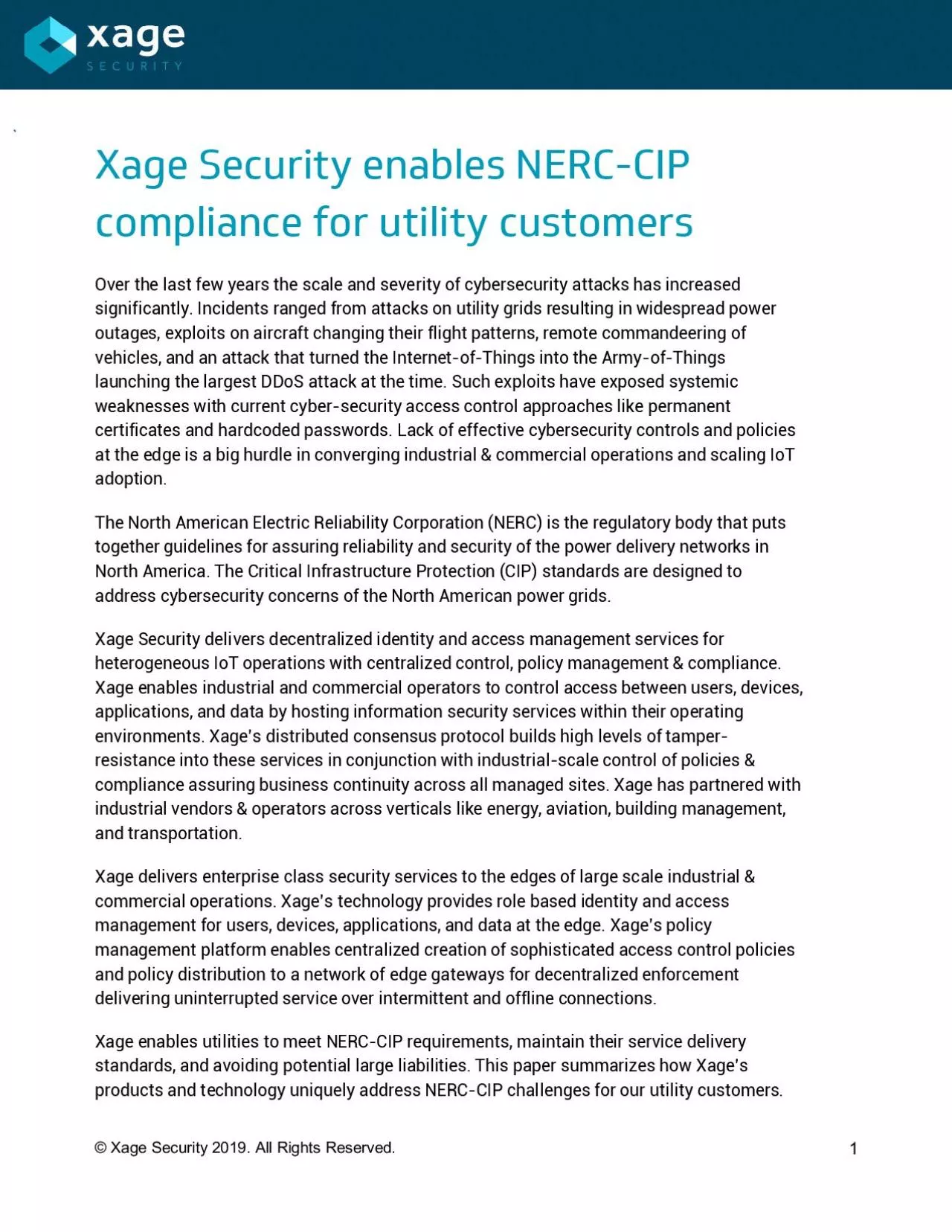 PDF-Xage Security enables NERCCIP compliance for utility customers Over t