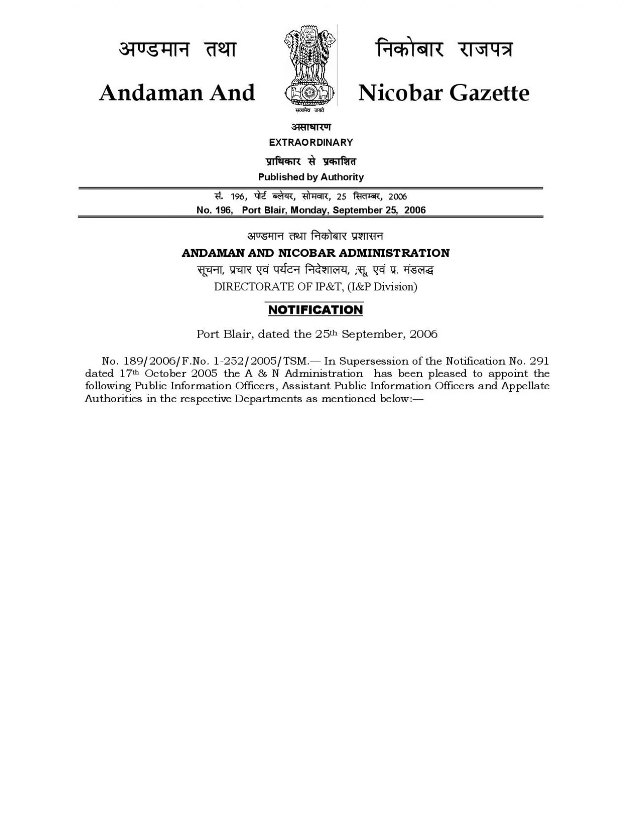 PDF-THE ANDAMAN AND NICOBAR EXTRAORDINARY GAZETTE SEPTEMBER 25 2006