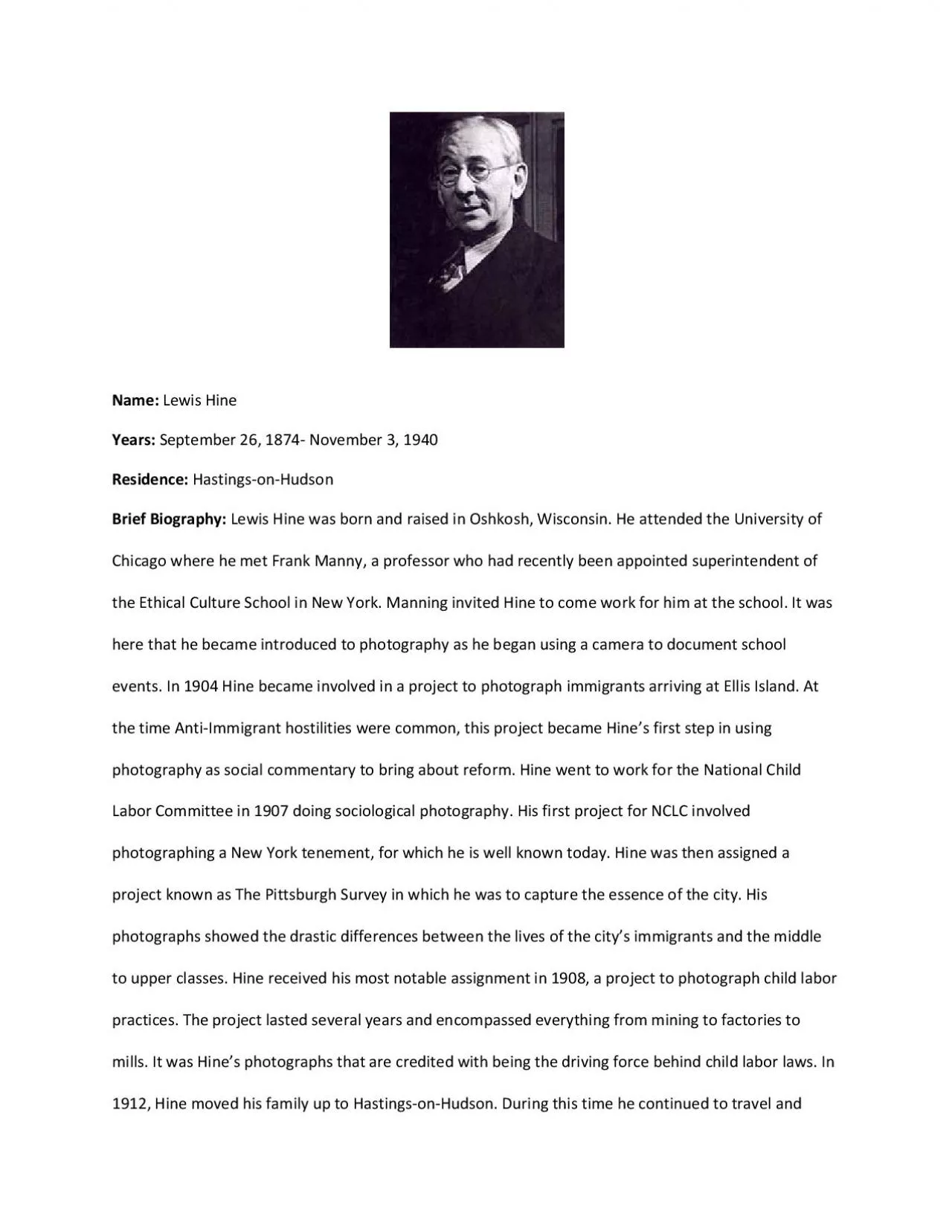 PDF-NameLewis HineYears September 26 1874November 3 1940ResidenceHastingsH