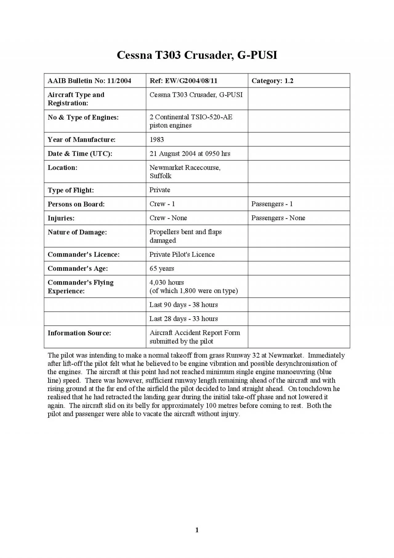 PDF-Cessna T303 Crusader GPUSI AAIB Bulletin No 112004 Ref EWG2004081