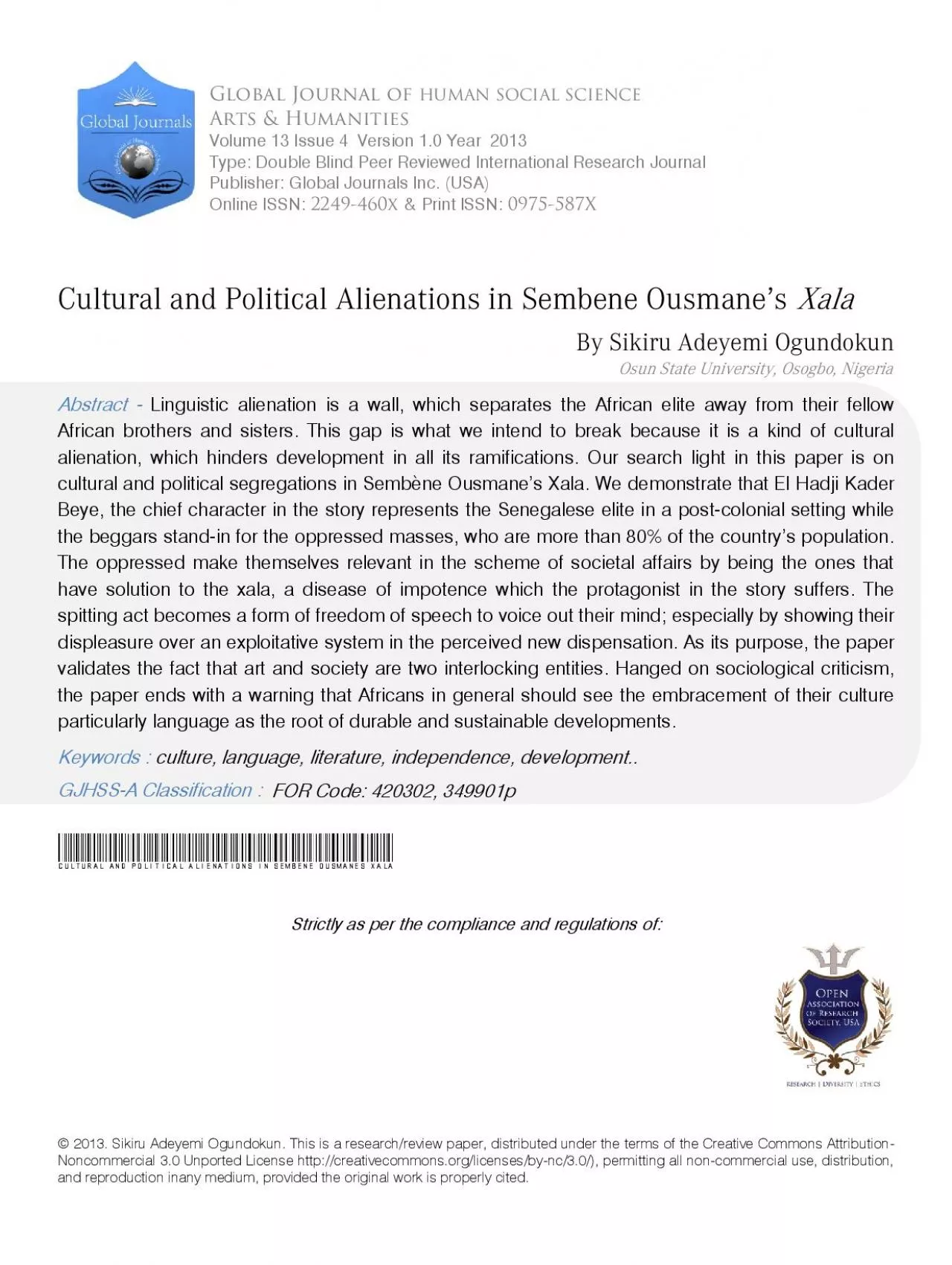 PDF-x0000x0000 Cultural and Political Alienations in Sembene Ousmanes Xal