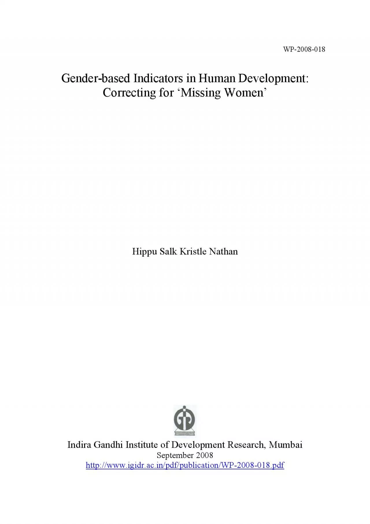 PDF-Genderbased Indicators in Human Development Indira Gandhi Institute o