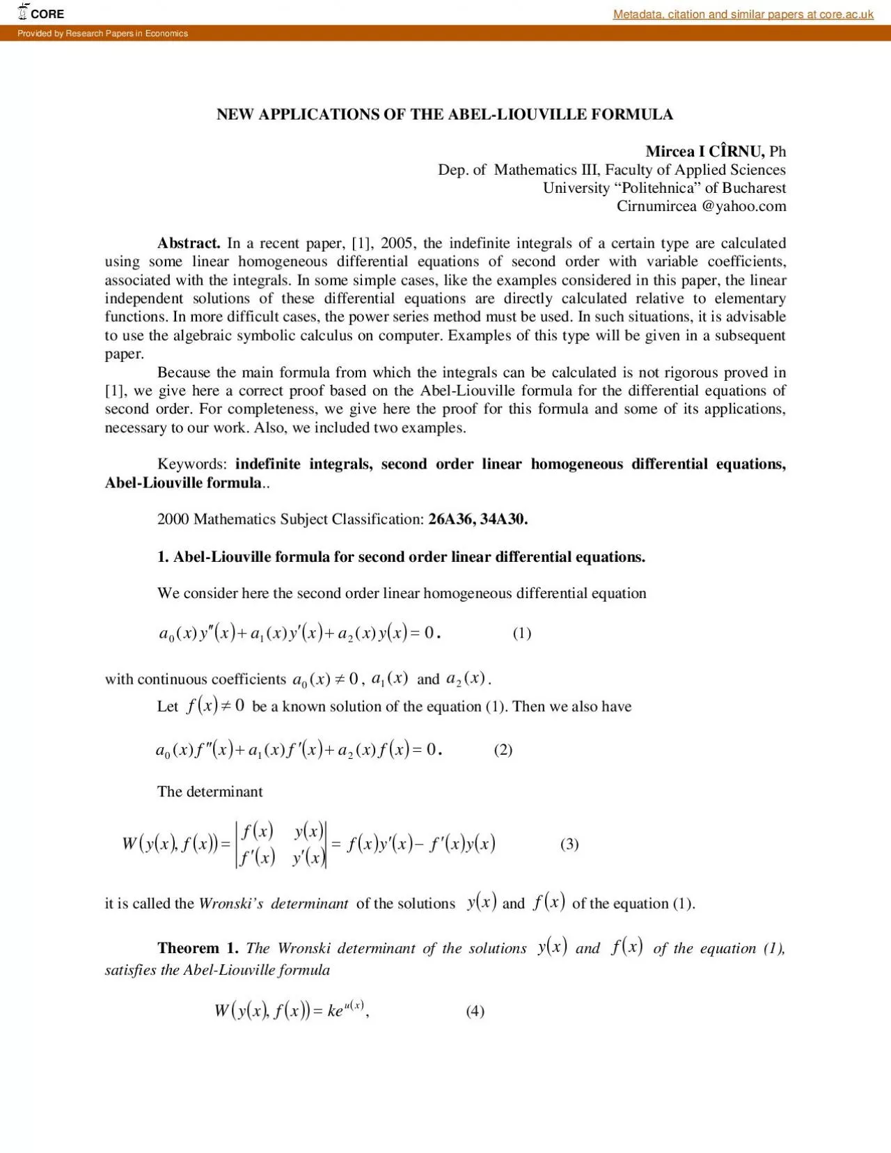 PDF-NEW APPLICATIONS OF THE ABELLIOUVILLE FORMULA Mircea I CRNUDep of Mat