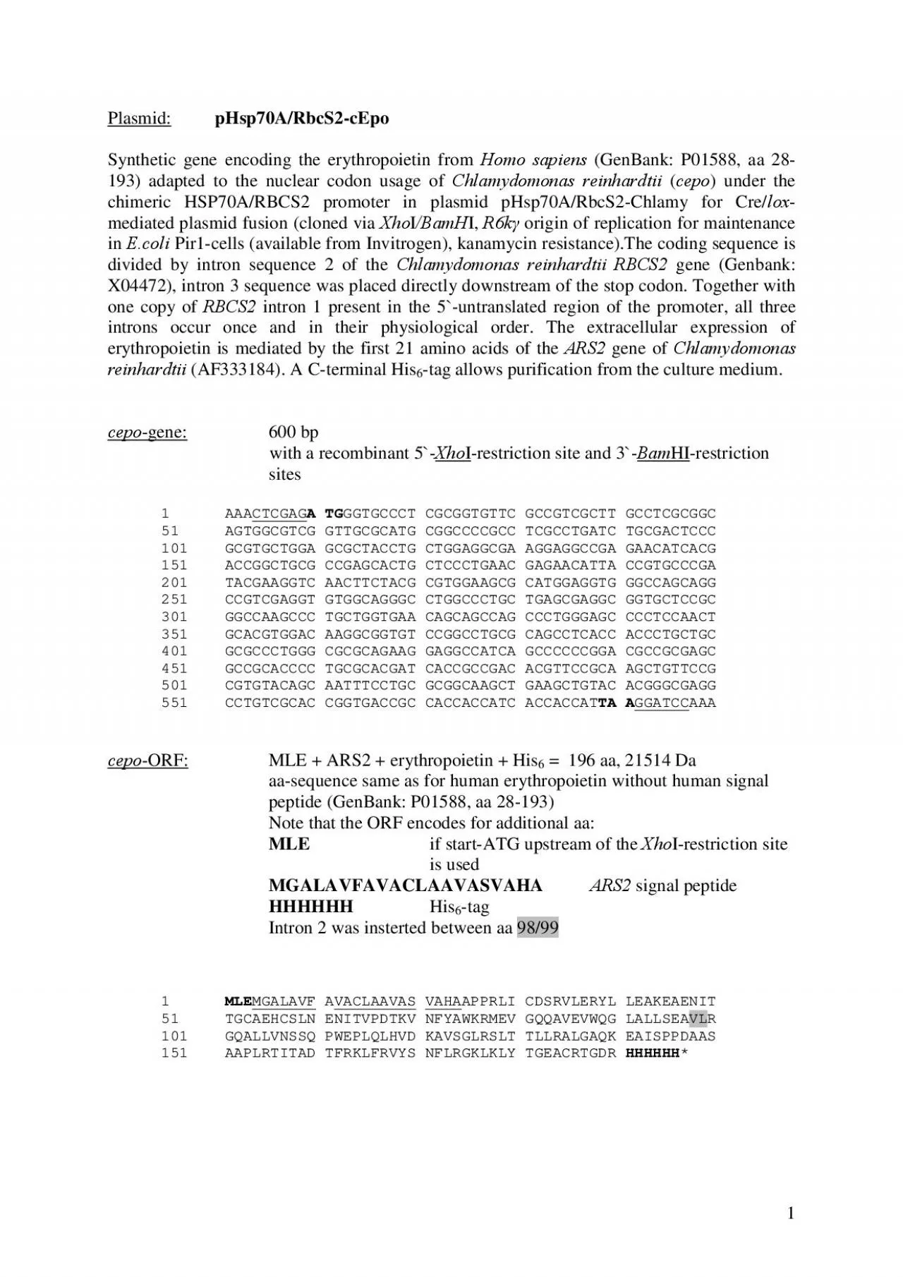 PDF-pHsp70ARbcS2cEpoSynthetic gene encoding the erythropoietin from Hom