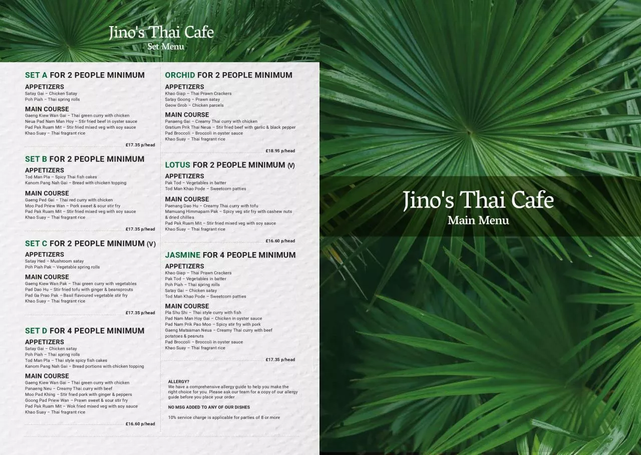 PDF-Jinos Thai CafeMain MenuSET A FOR 2 PEOPLE MINIMUMAPPETIZERSSatay Gai