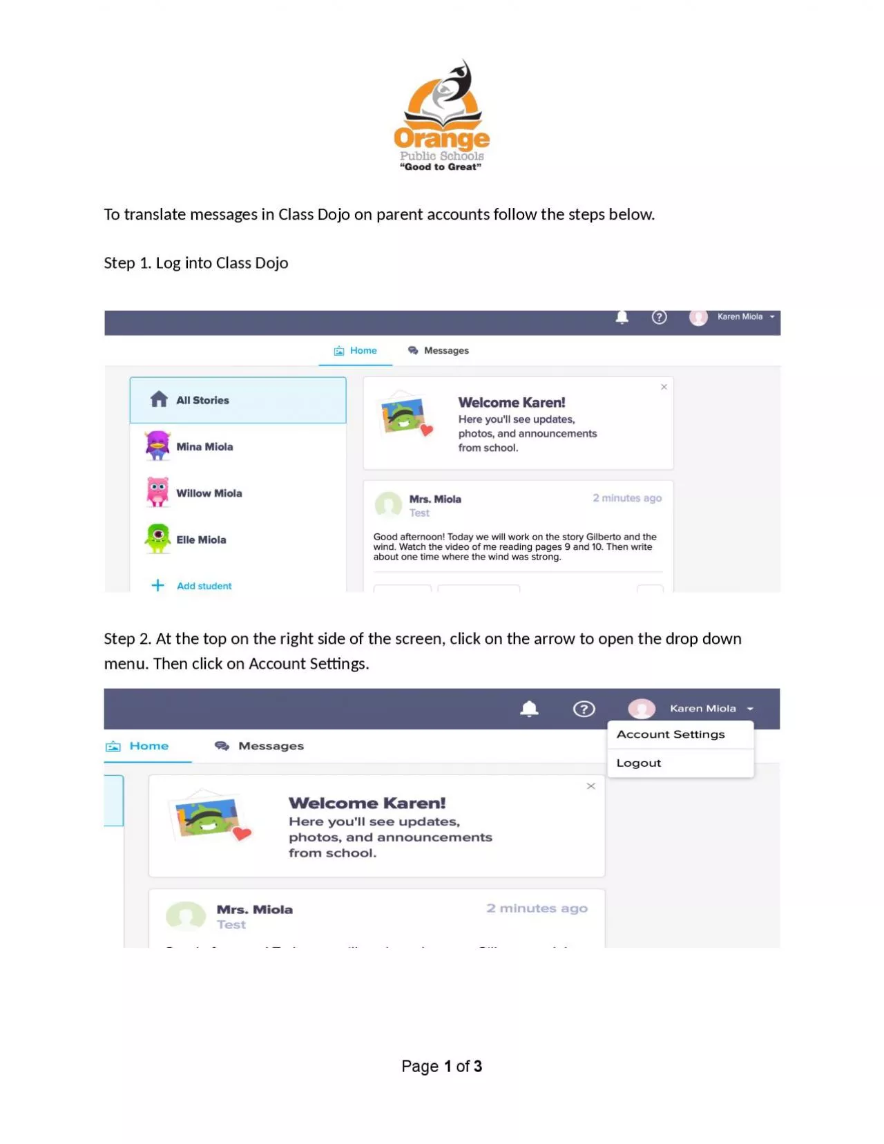 PDF-To translate messages in Class Dojo on parent accounts follow the step