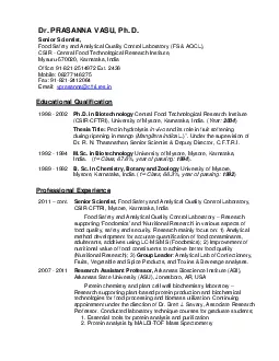 Dr PRASANNA VASU Ph D  Senior ScientistFood Safety and Analytical Qual