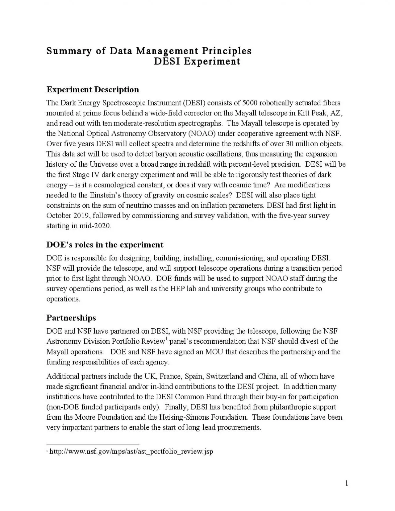 PDF-Summary of Data Management Principles DESI Experiment Experiment