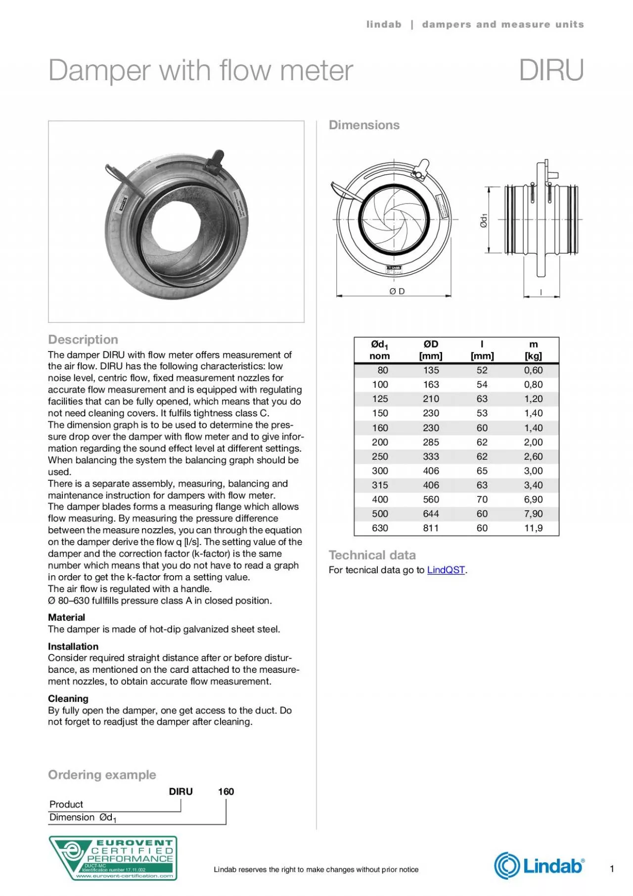 PDF-Damper with flow meterDIRU