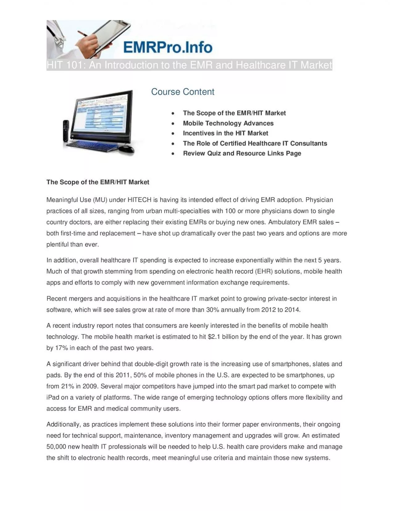 PDF-HIT 101 An Introduction to the EMR and Healthcare IT Market