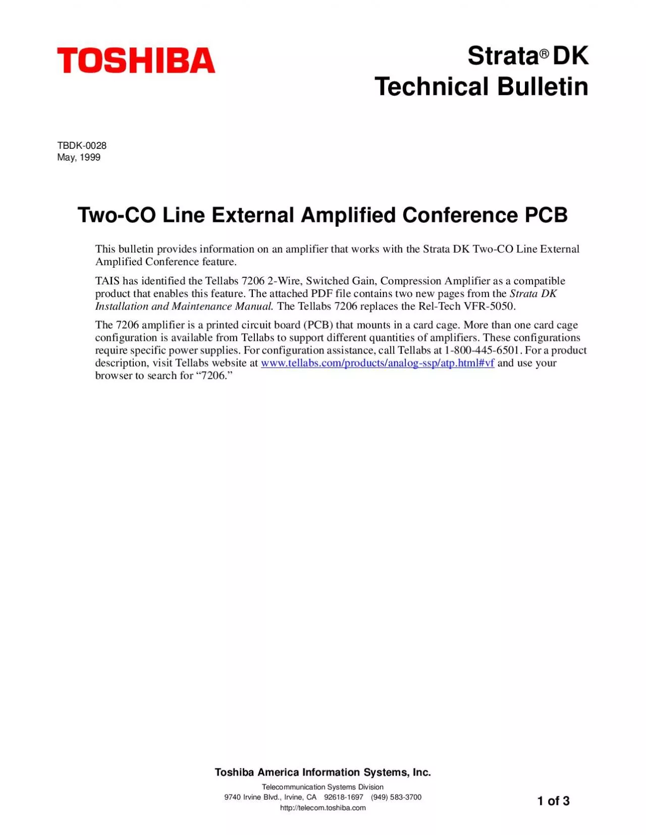 PDF-StrataTechnical BulletinToshiba America Information Systems IncTelecom