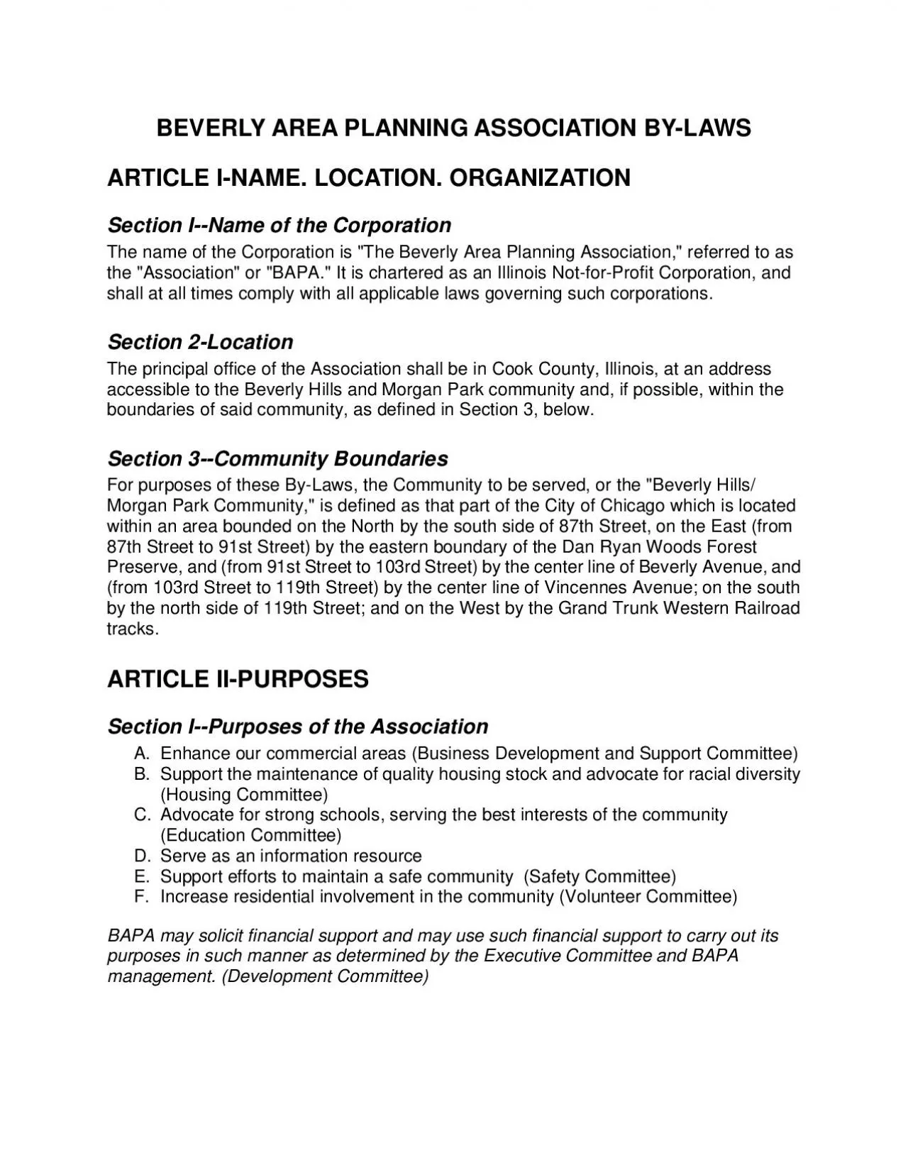 PDF-BEVERLY AREA PLANNING ASSOCIATION BYLAWS ARTICLE INAME LOCATION ORGA