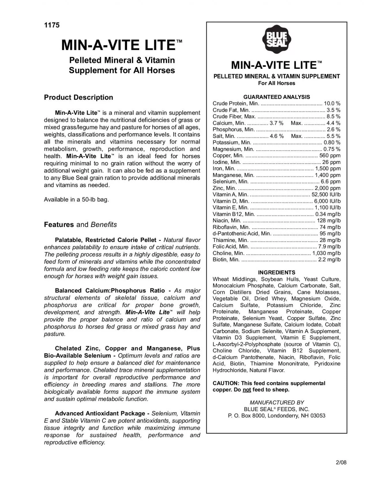 PDF-1175Pelleted Mineral VitaminSupplement for All HorsesMinAVite Litei