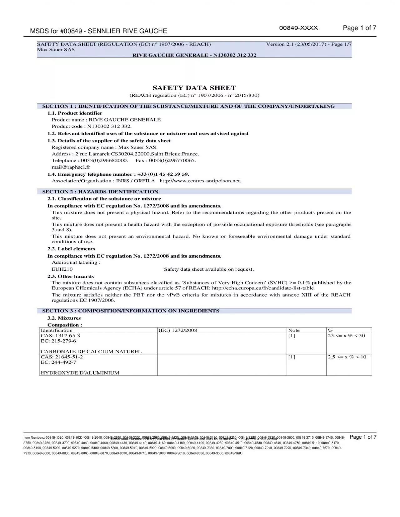 PDF-MSDS for 00849 SENNLIER RIVE GAUCHE