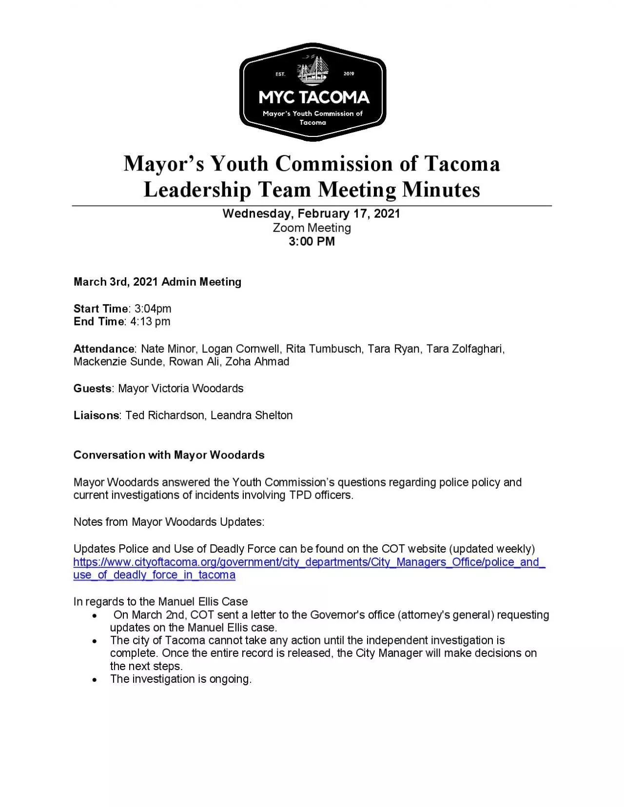 PDF-Mayor146s Youth Commission of TacomaLeadership TeamMeeting Minutes