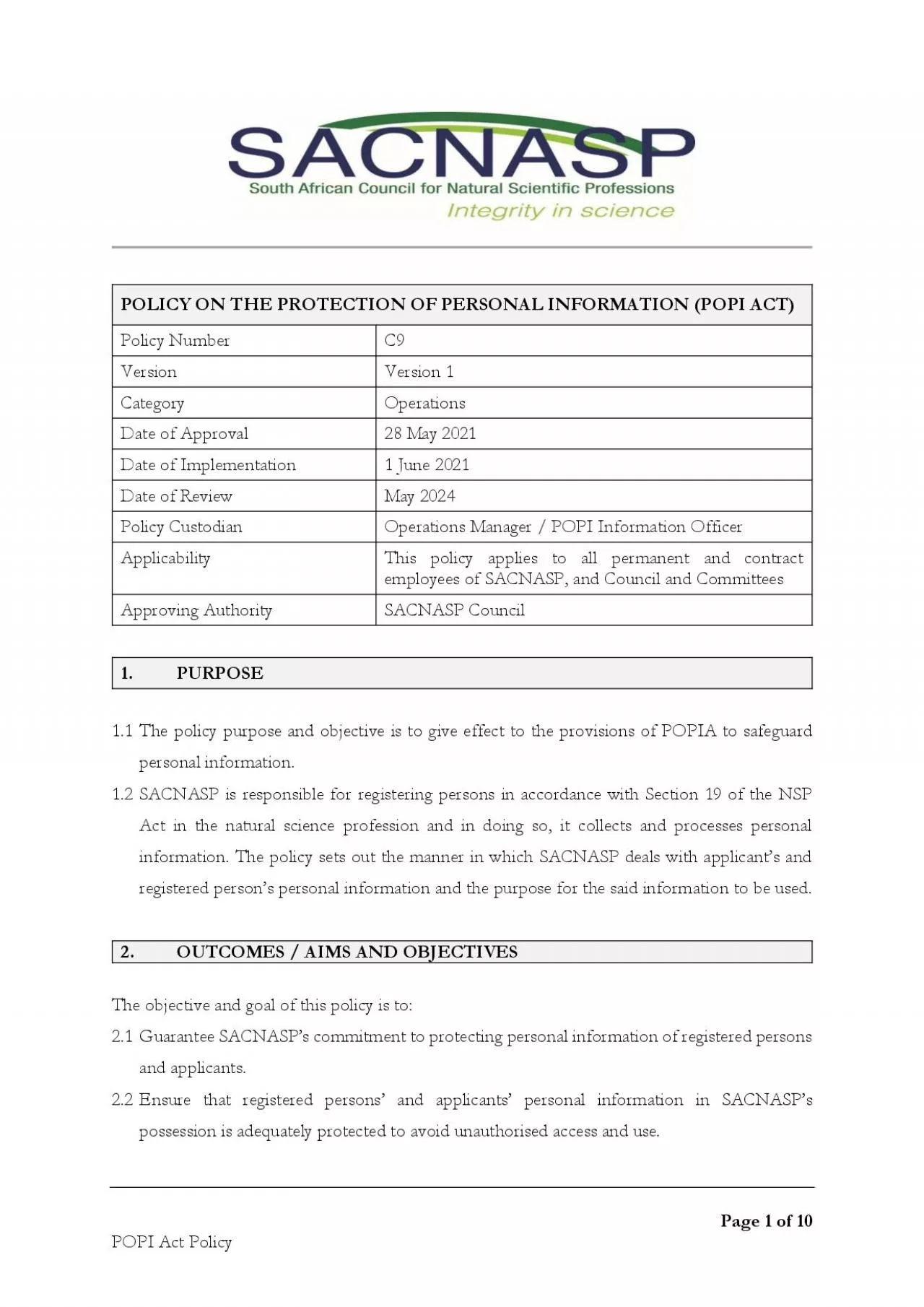 PDF-POLICY ON THE PROTECTION OF PERSONAL INFORMATION POPI ACT