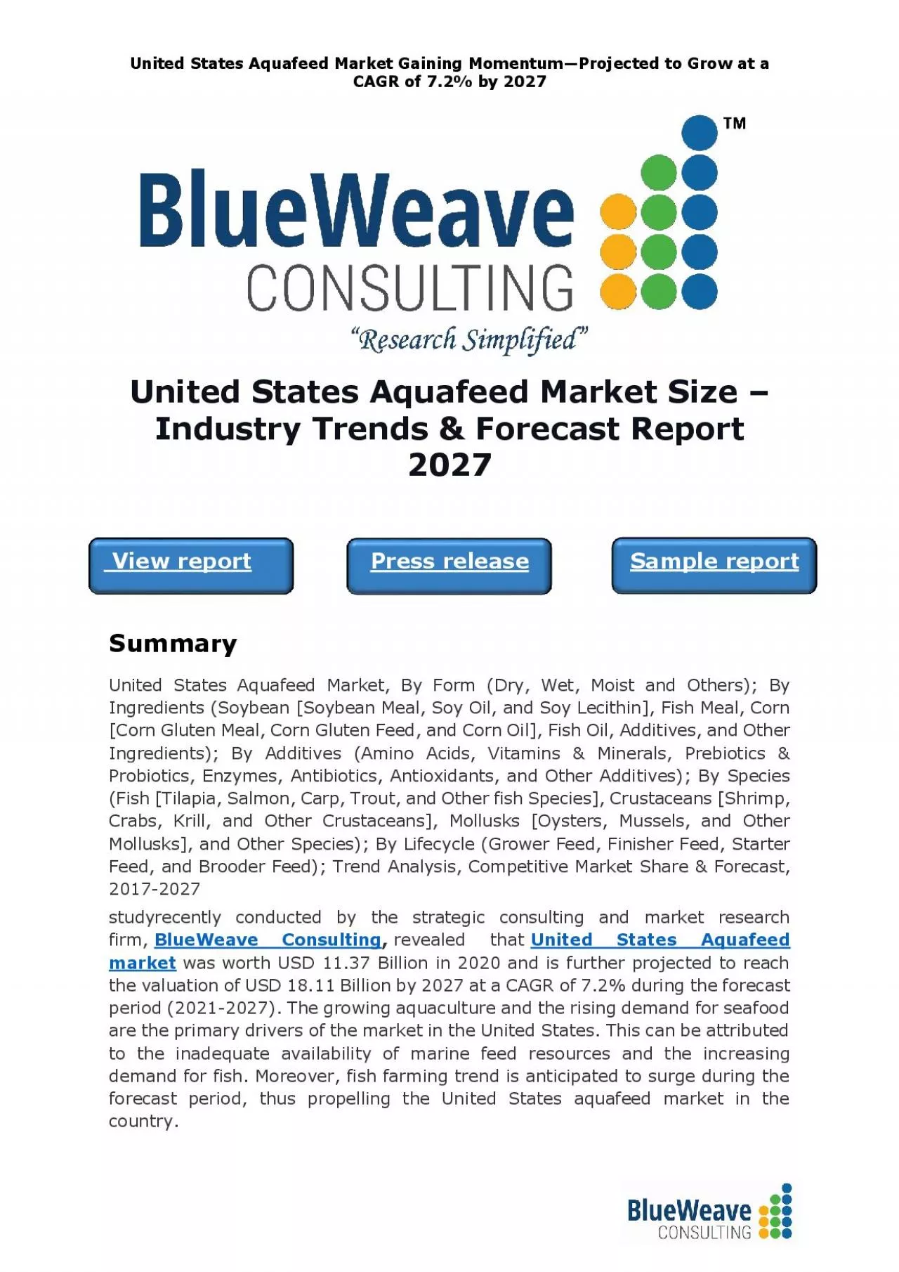 PDF-United States Aquafeed market was worth USD 11.37Billion in 2020 and is further projected