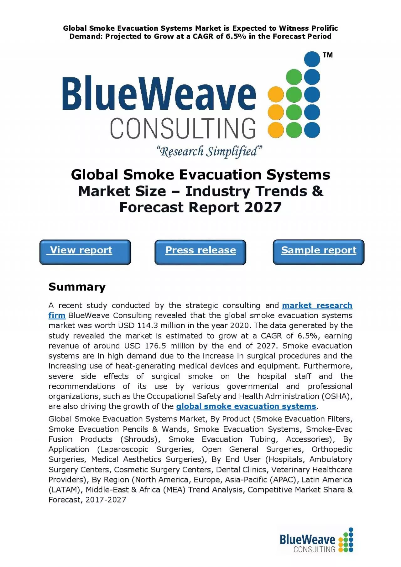 PDF-global smoke evacuation systems market was worth USD 114.3 million in 2020 and is further