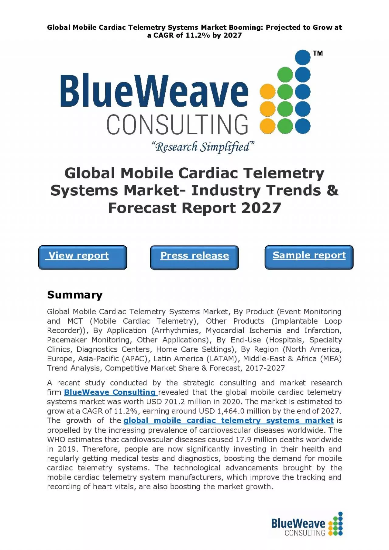 PDF-Global Mobile Cardiac Telemetry Systems Market- Industry Trends & Forecast Report 2027