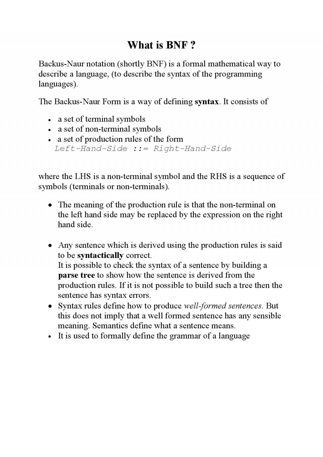 PDF-What is BNF BackusNaur notation shortly BNF is a formal mathematical