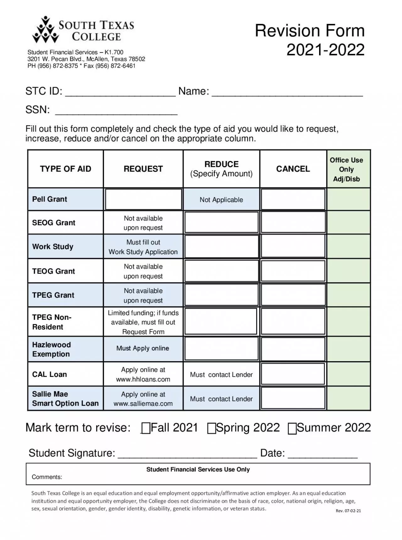 PDF-Fill out this form completely and check the type of aid you would like