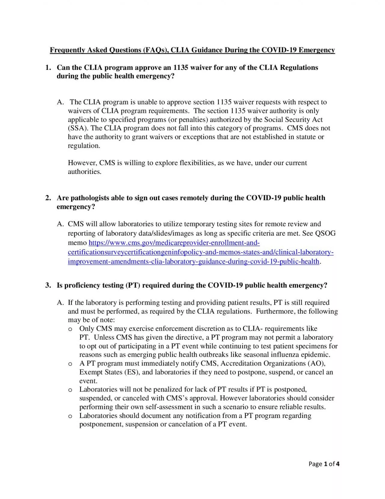 PDF-requently Asked Questions FAQs CLIA Guidance During the COVID19 Emerge