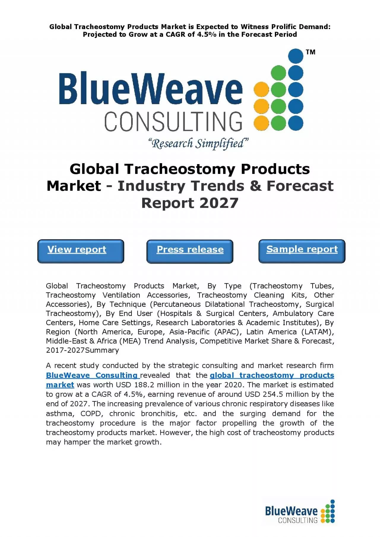 PDF-Global Tracheostomy Products Market is Expected to Witness Prolific Demand: Projected