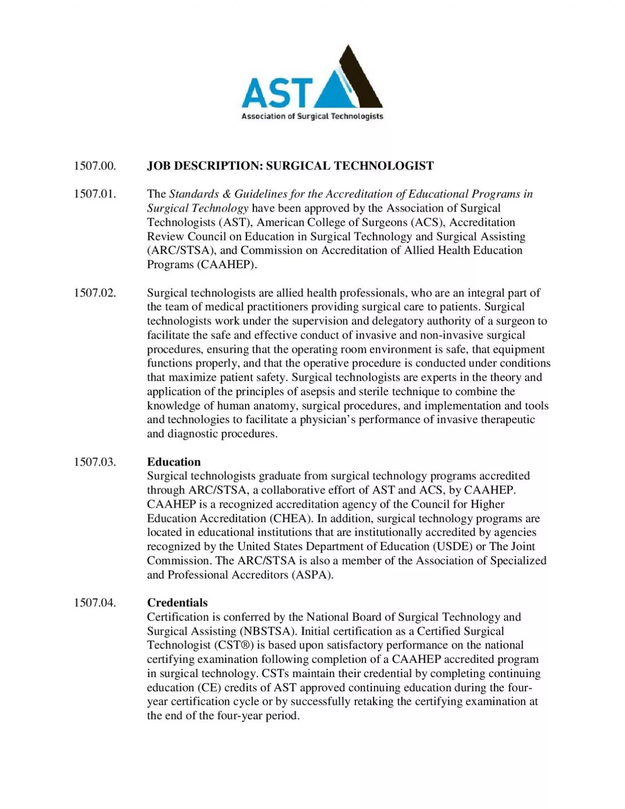 PDF-JOB DESCRIPTION SURGICAL TECHNOLOGISTThe Standards Guidelines for the