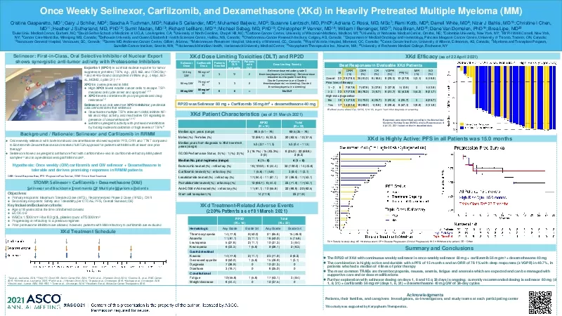 Once Weekly Selinexor Carfilzomib and Dexamethasone XKd in Heavily Pre