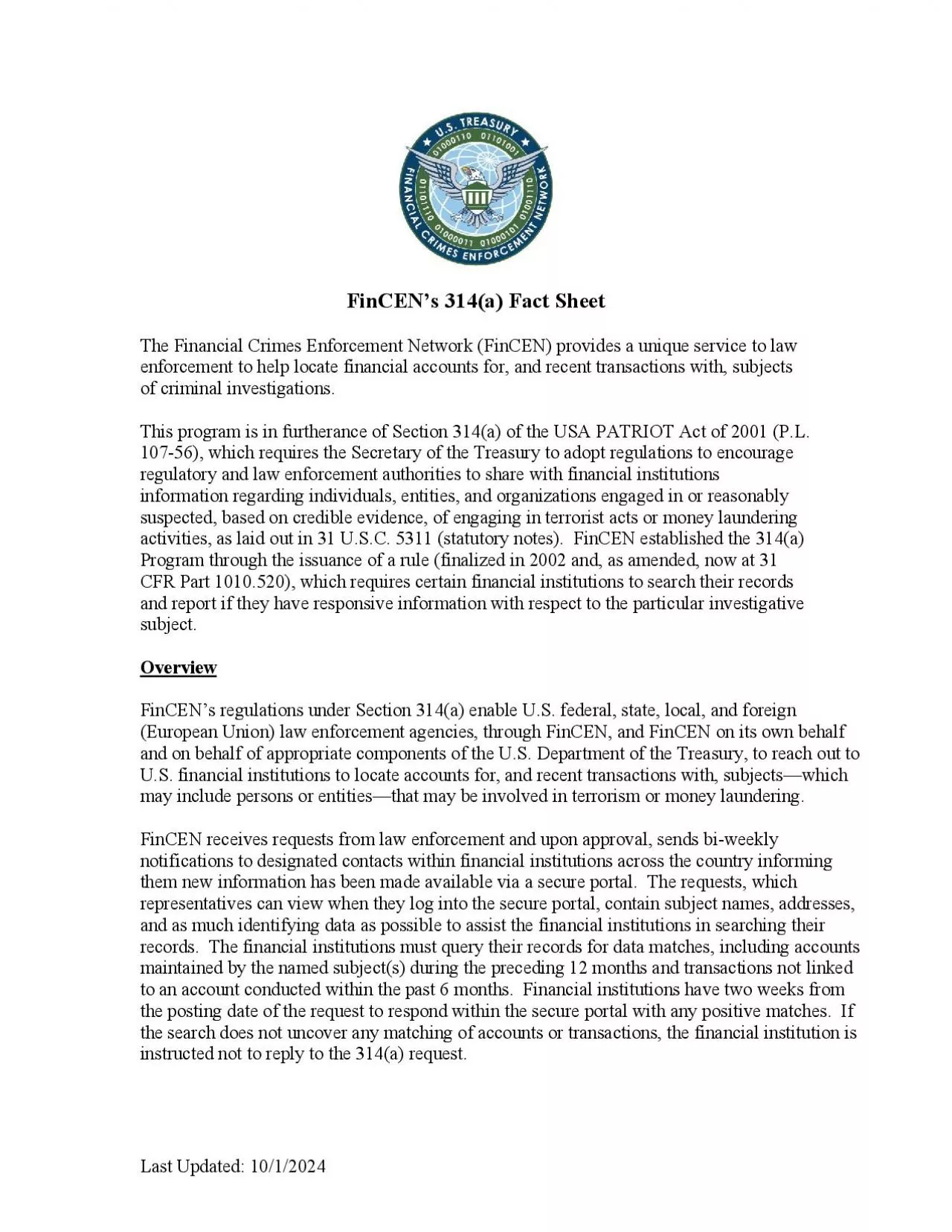 PDF-September 21FinCEN146s 314a Fact SheetThe Financial Crimes Enforcement