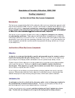 Reading Assignment 3  An Overview of Four Key Lesson Components  Intro