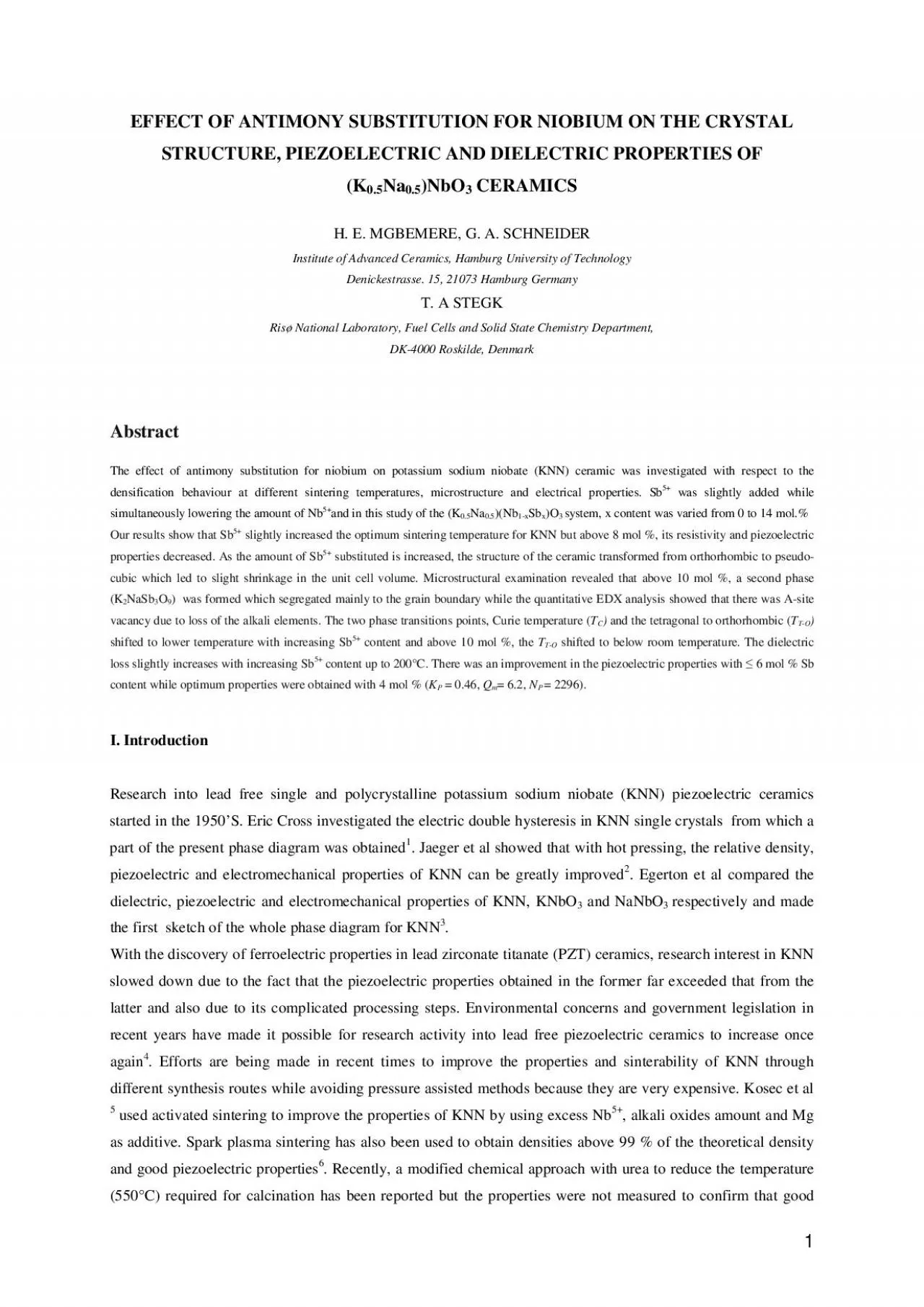 PDF-EFFECT OF ANTIMONY SUBSTITUTION FOR NIOBIUM ON THE CRYSTAL STRUCTURE P