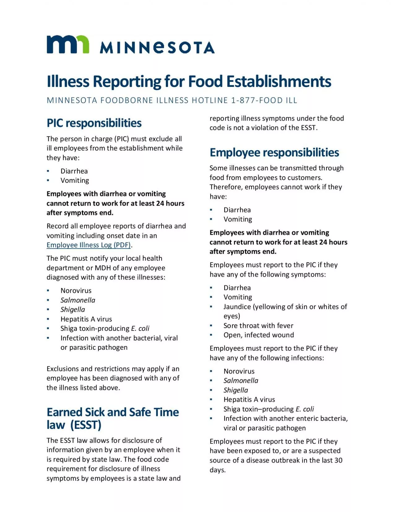 PDF-Illness Reporting for Food EstablishmentsMINNESOTA FOODBORNE ILLNESS H