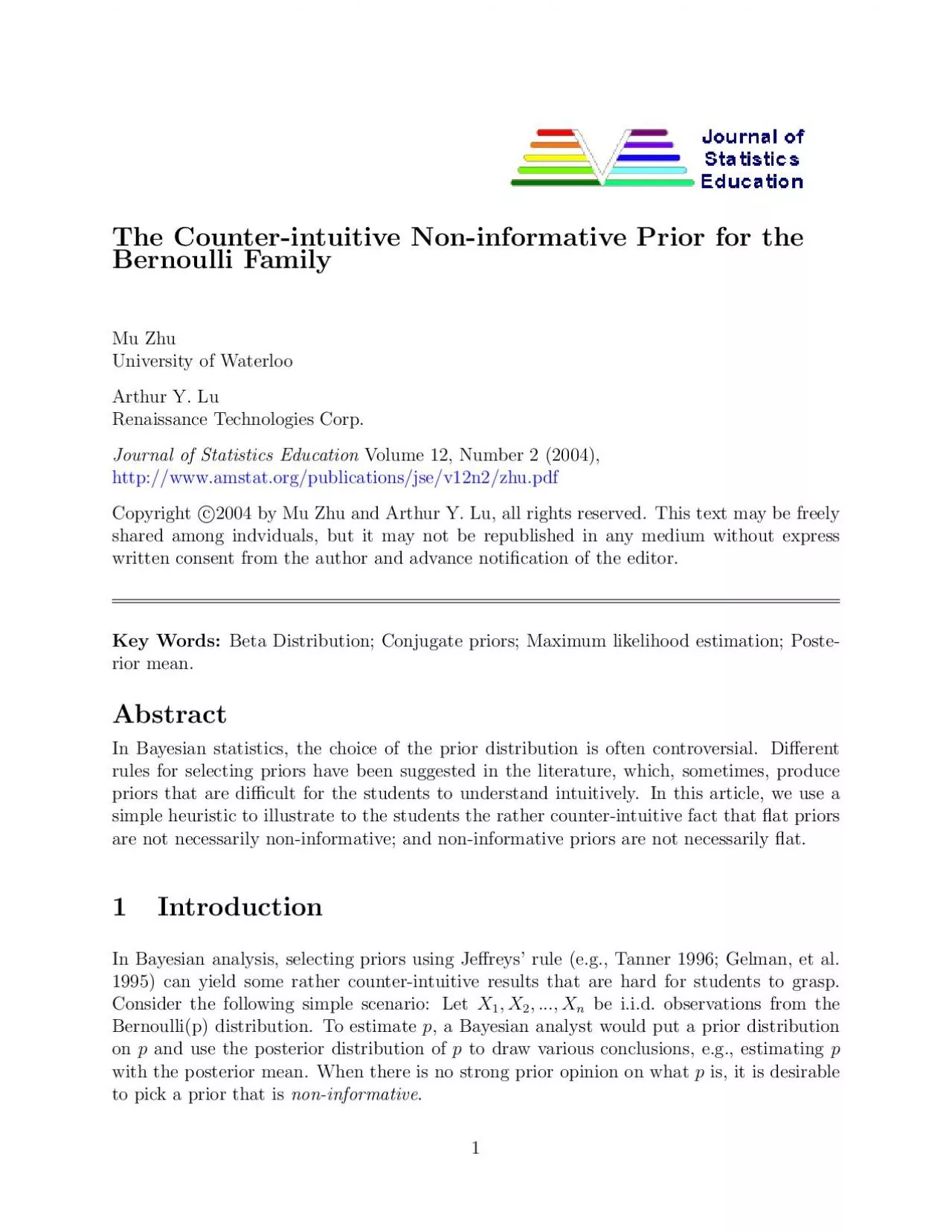 PDF-TheCounterintuitiveNoninformativePriorfortheBernoulliFamilyMuZhuUniv