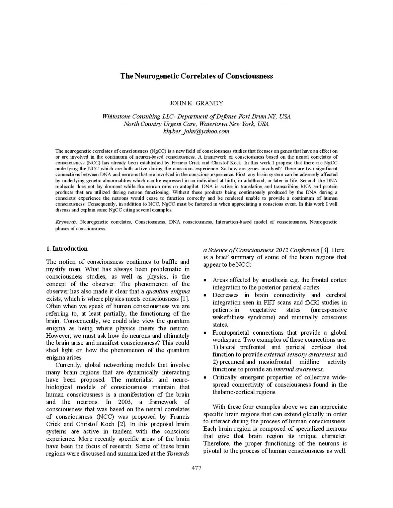 PDF-477The Neurogenetic Correlates of Consciousness JOHN K GRANDY