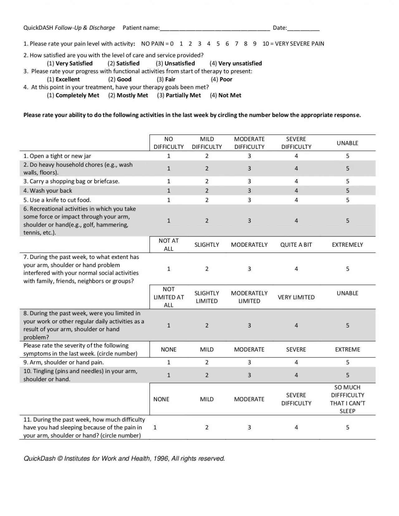 PDF-QuickDASH FollowUp DischargePatient name Date 1 Please rate your pa