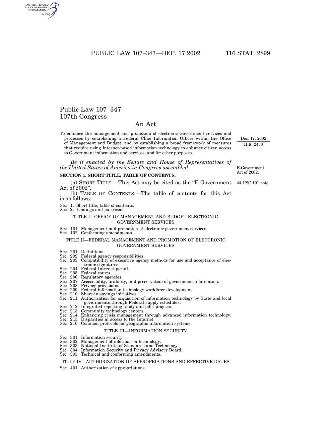 PDF-116 STAT 2900PUBLIC LAW 107DEC 17 2002Sec402Effective datesSec501Short