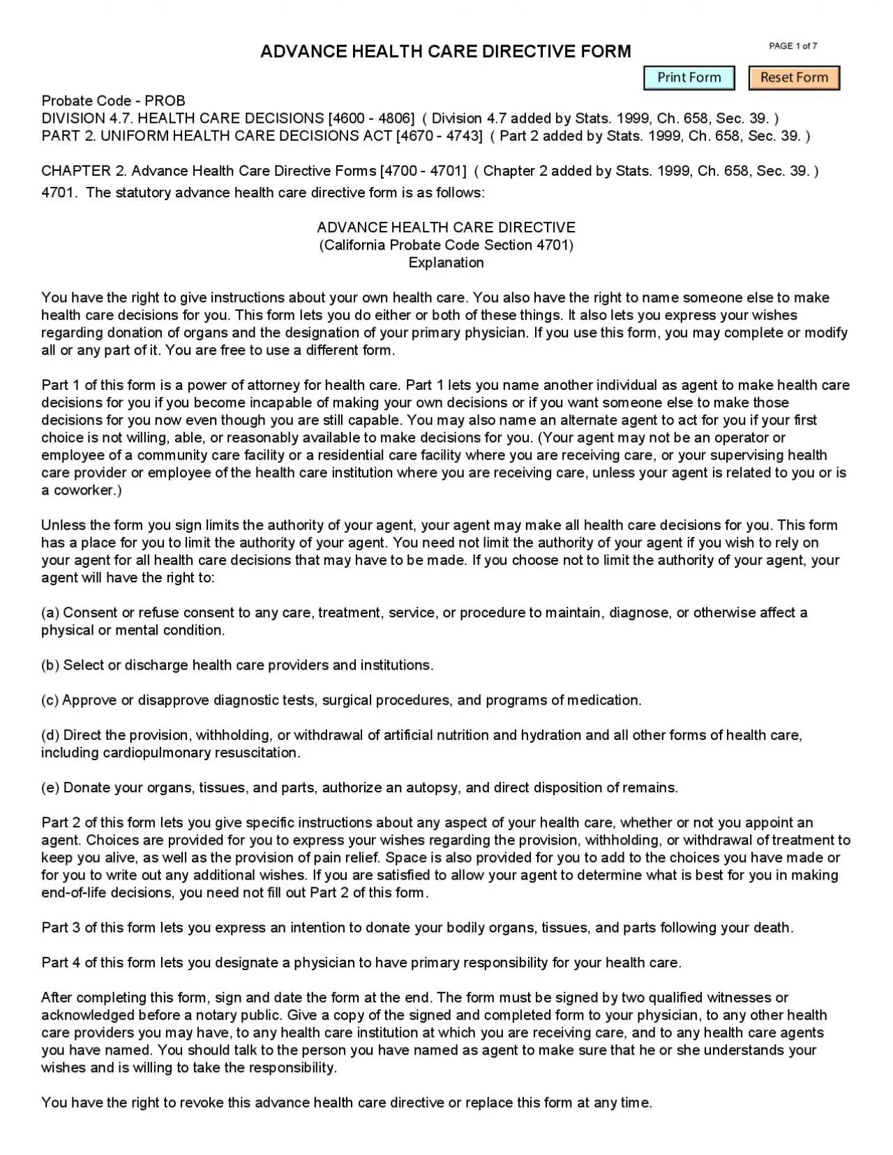 PDF-ADVANCE HEALTH CARE DIRECTIVE FORMPAGE 1 of 7Probate Code PROB DIVIS