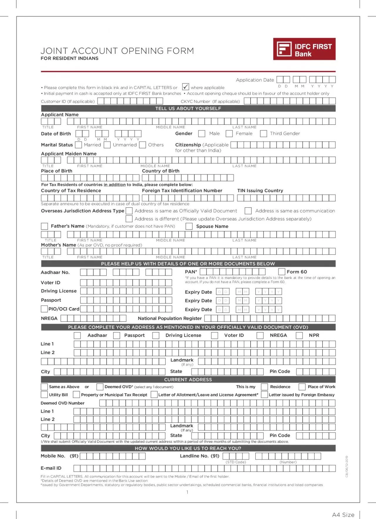 PDF-A4 SizeFOR RESIDENT INDIANSJOINT ACCOUNT OPENING FORMCB06122019